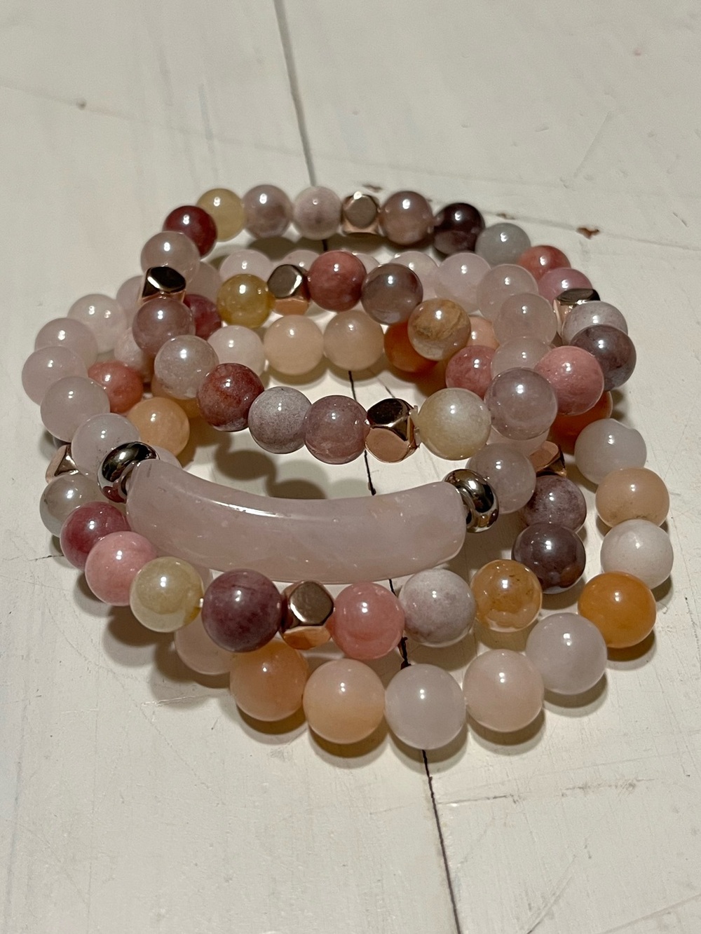 Boho Polished Natural Stone Beaded Stretch Bracelet Set Bohemian Earthy
